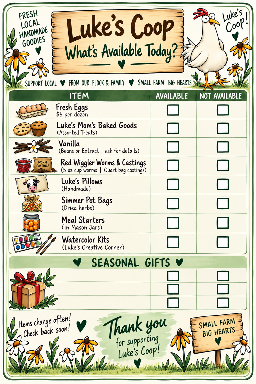 Approved Luke’s Coop availability list decorated with the master chicken and wonky flowers